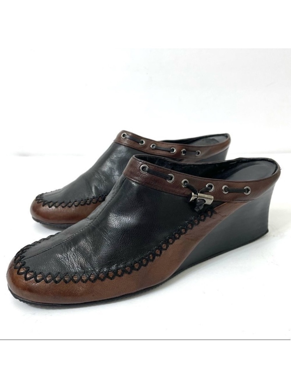 Vintage VanEli Black and Brown Leather Moccasin Clogs